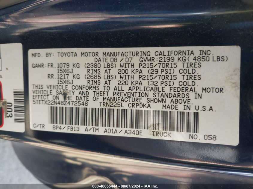 2008 Toyota Tacoma Access Cab VIN: 5TETX22N48Z472548 Lot: 40055444