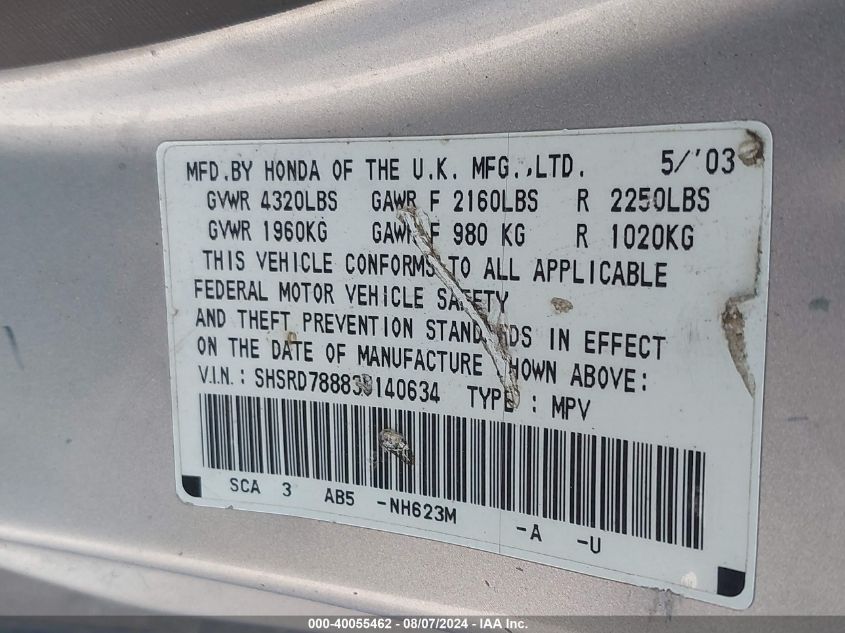 2003 Honda Cr-V Ex VIN: SHSRD78883U140634 Lot: 40055462