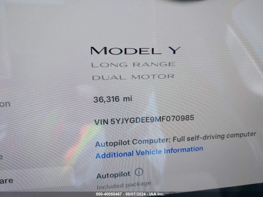 2021 Tesla Model Y Long Range Dual Motor All-Wheel Drive VIN: 5YJYGDEE9MF070985 Lot: 40055467