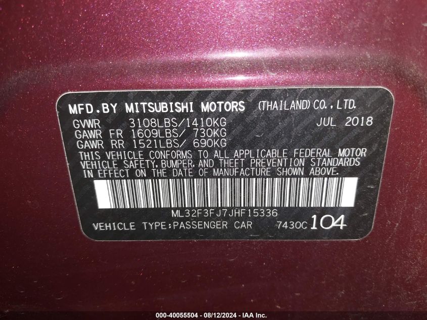 2018 Mitsubishi Mirage G4 Es VIN: ML32F3FJ7JHF15336 Lot: 40055504