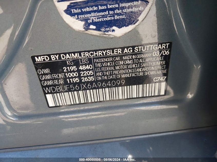 2006 Mercedes-Benz E 350 VIN: WDBUF56JX6A964099 Lot: 40055505