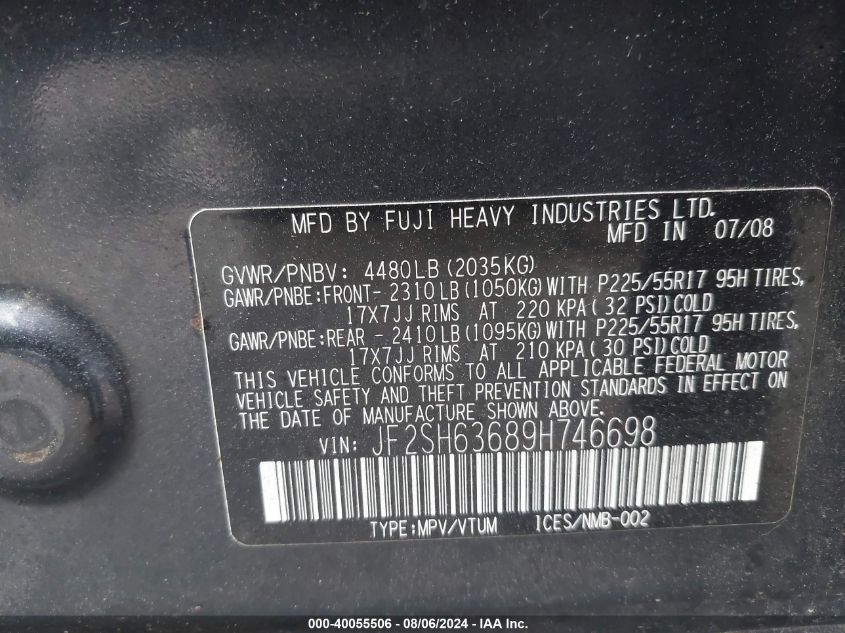 2009 Subaru Forester 2.5X Premium VIN: JF2SH63689H746698 Lot: 40055506