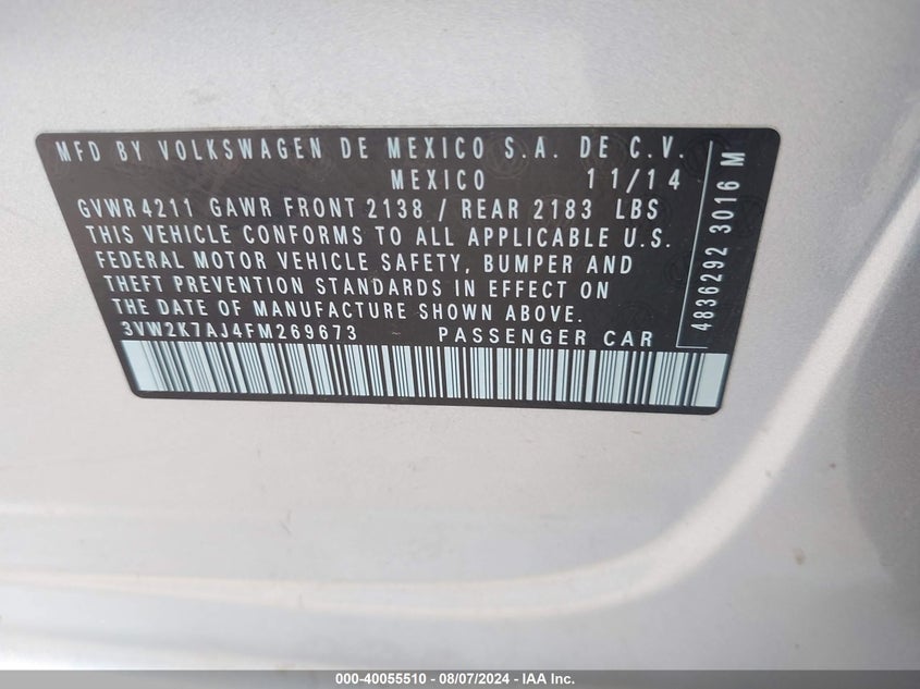 2015 VOLKSWAGEN JETTA S - 3VW2K7AJ4FM269673