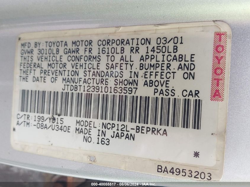 2001 Toyota Echo VIN: JTDBT123910163597 Lot: 40055517