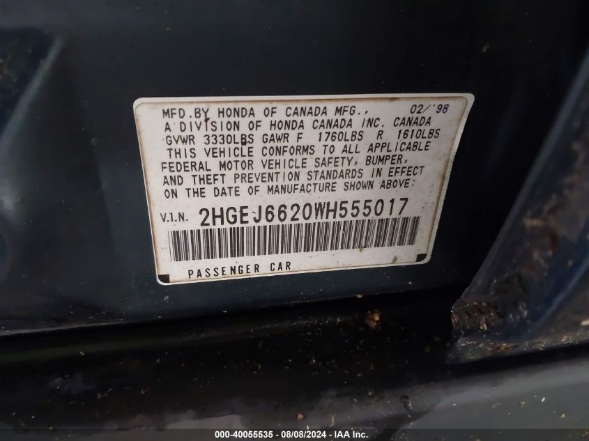 1998 Honda Civic Dx VIN: 2HGEJ6620WH555017 Lot: 40055535