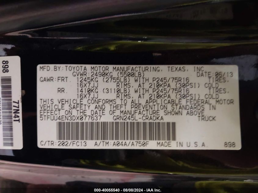 2013 Toyota Tacoma VIN: 5TFUU4EN3DX077637 Lot: 40055540