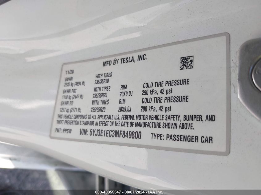 2021 Tesla Model 3 VIN: 5YJ3E1EC3MF849800 Lot: 40055547