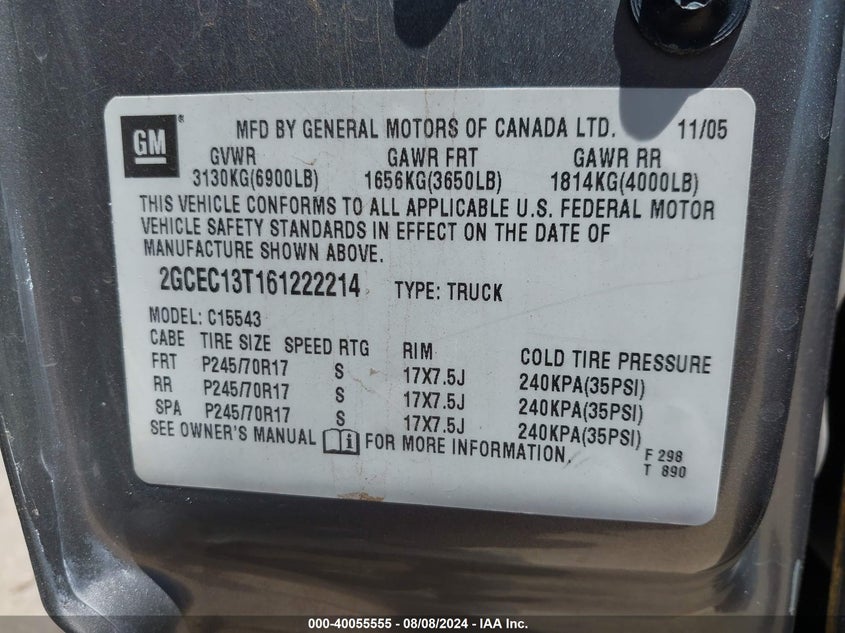 2006 Chevrolet Silverado C1500 VIN: 2GCEC13T161222214 Lot: 40055555