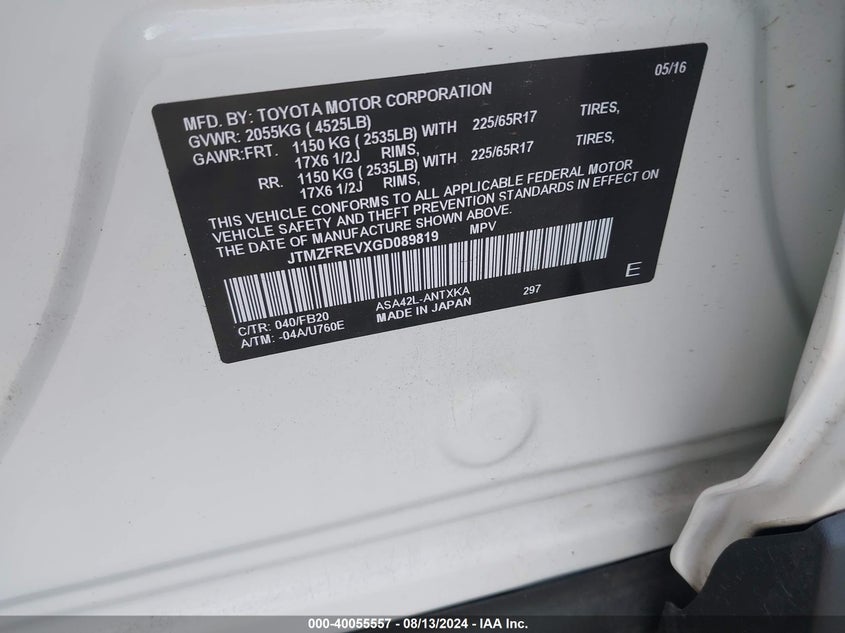 2016 TOYOTA RAV4 LE - JTMZFREVXGD089819