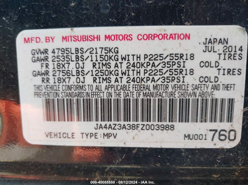 2015 Mitsubishi Outlander Se VIN: JA4AZ3A38FZ003988 Lot: 40055558