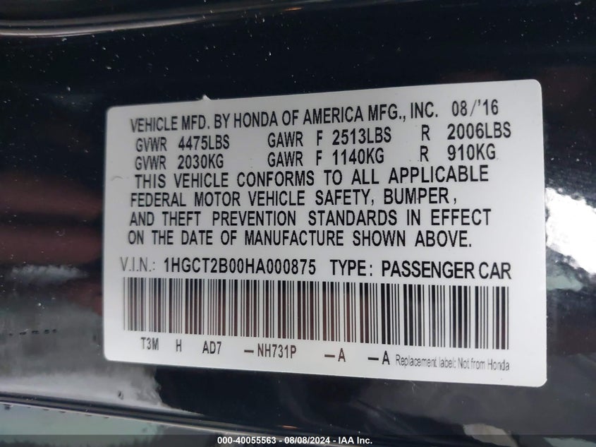 VIN 1HGCT2B00HA000875 2017 HONDA ACCORD TOURING