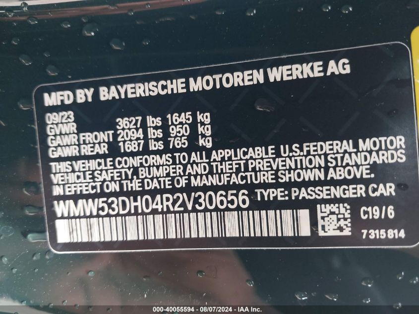 2024 Mini Cooper S VIN: WMW53DH04R2V30656 Lot: 40055594