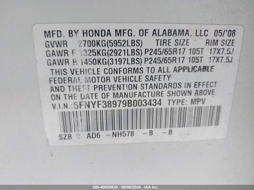 2009 Honda Pilot Touring VIN: 5FNYF38979B003434 Lot: 40055630