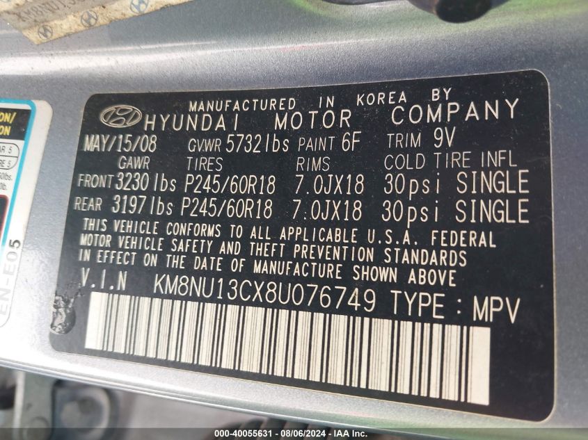 2008 Hyundai Veracruz Gls/Se/Limited VIN: KM8NU13CX8U076749 Lot: 40055631