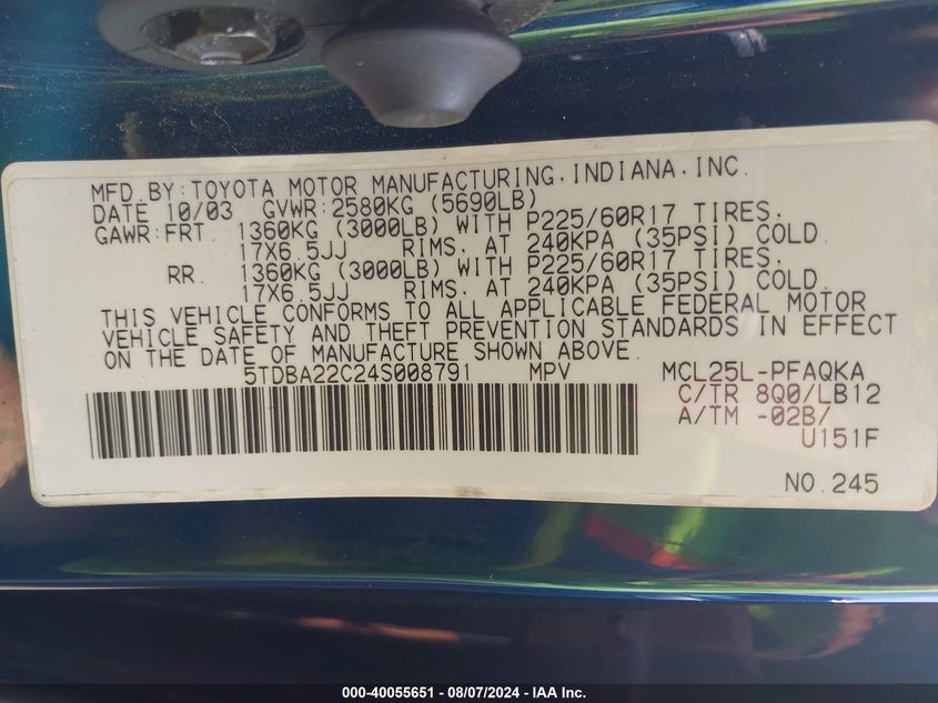 2004 Toyota Sienna Xle/Xle Limited VIN: 5TDBA22C24S008791 Lot: 40055651