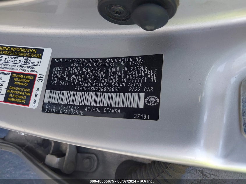 2008 Toyota Camry Le VIN: 4T4BE46K78R038065 Lot: 40055675