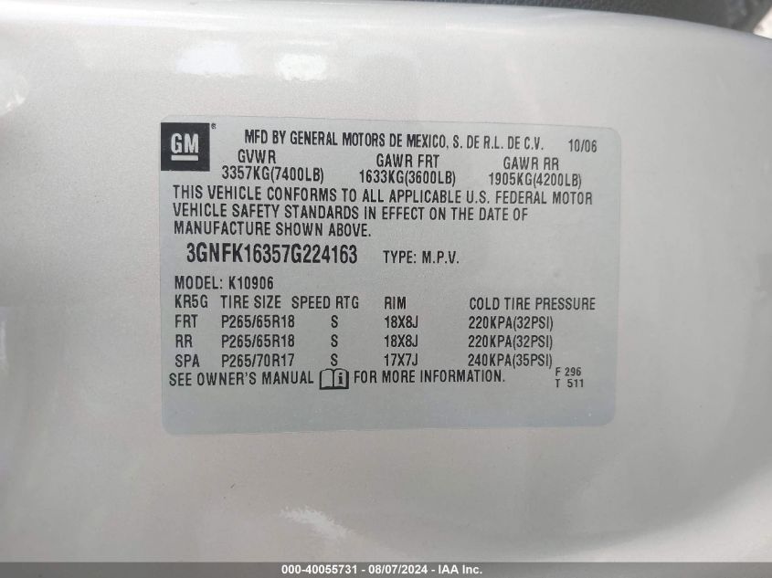 2007 Chevrolet Suburban 1500 Lt VIN: 3GNFK16357G224163 Lot: 40055731