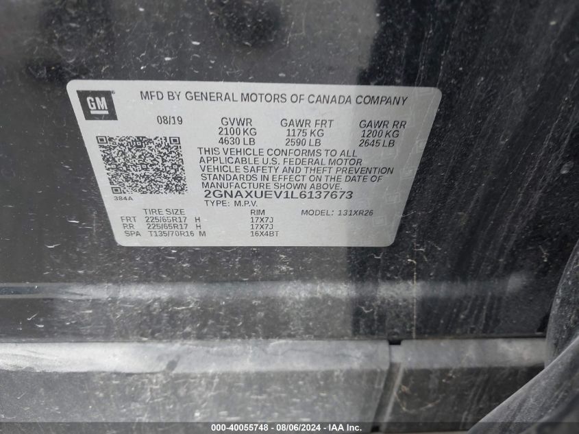 2020 Chevrolet Equinox Lt VIN: 2GNAXUEV1L6137673 Lot: 40055748