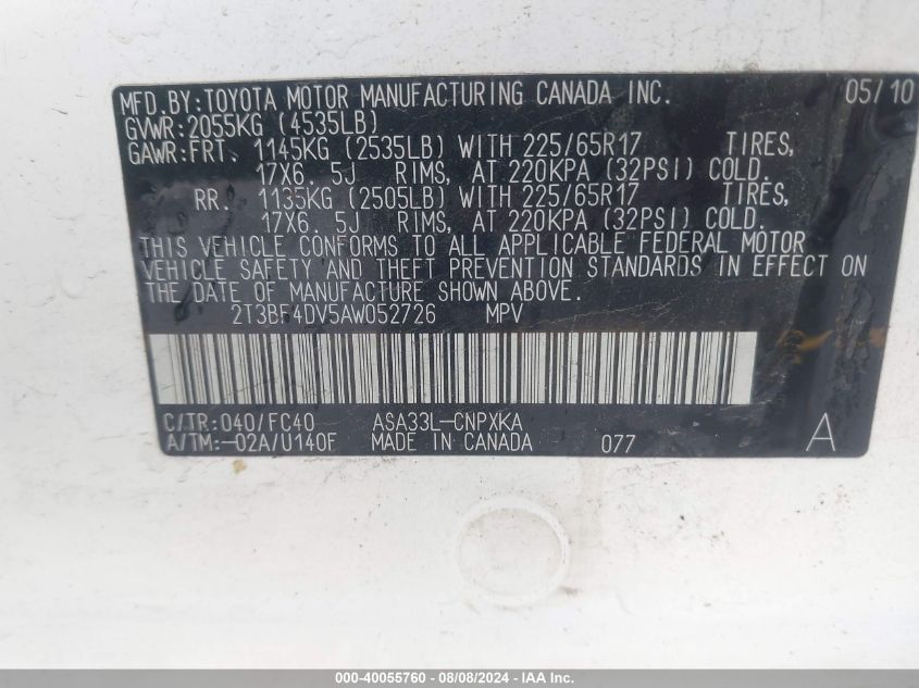 2010 Toyota Rav4 VIN: 2T3BF4DV5AW052726 Lot: 40055760