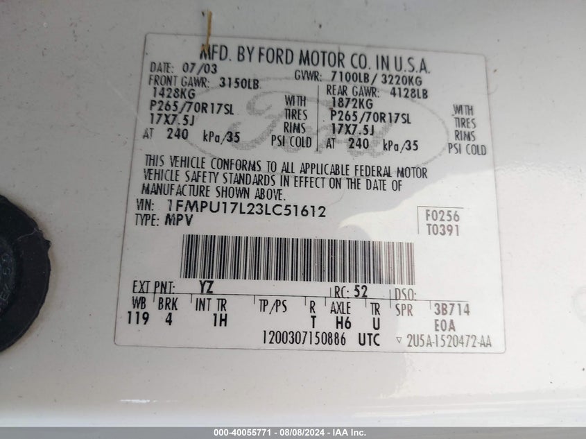 2003 Ford Expedition Eddie Bauer VIN: 1FMPU17L23LC51612 Lot: 40055771