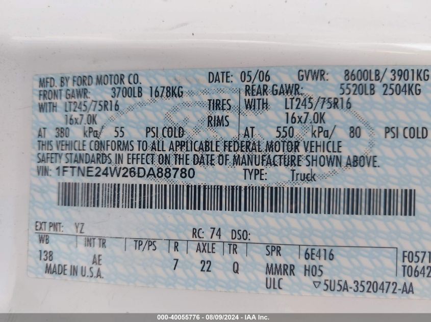 2006 Ford Econoline E250 Van VIN: 1FTNE24W26DA88780 Lot: 40055776