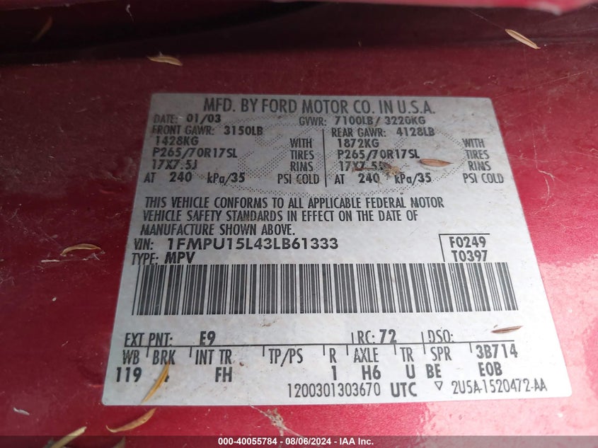 2003 Ford Expedition Xlt VIN: 1FMPU15L43LB61333 Lot: 40055784