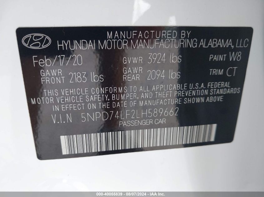 2020 Hyundai Elantra Se VIN: 5NPD74LF2LH589662 Lot: 40055839