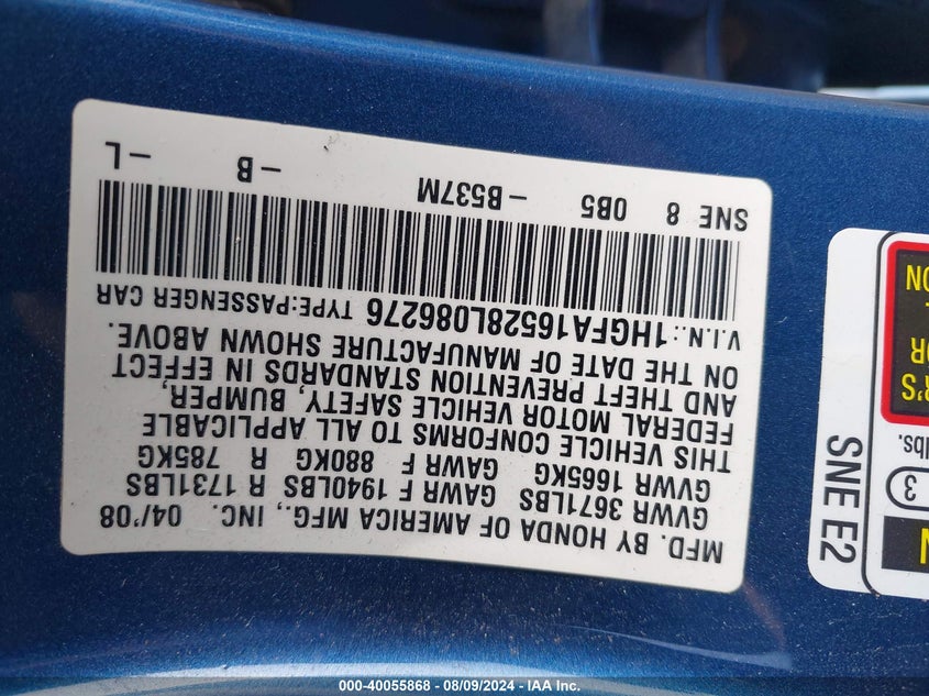 2008 Honda Civic Lx VIN: 1HGFA16528L086276 Lot: 40055868