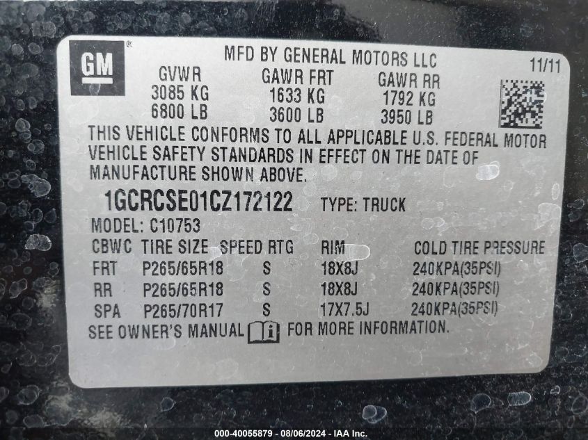 2012 Chevrolet Silverado 1500 Lt VIN: 1GCRCSE01CZ172122 Lot: 40055879