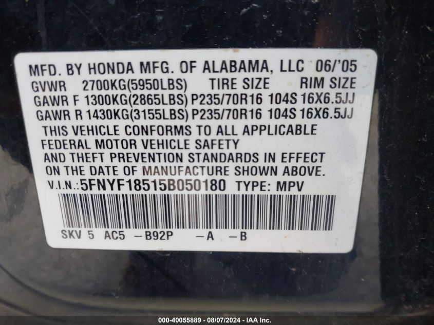 2005 Honda Pilot Exl VIN: 5FNYF18515B050180 Lot: 40055889