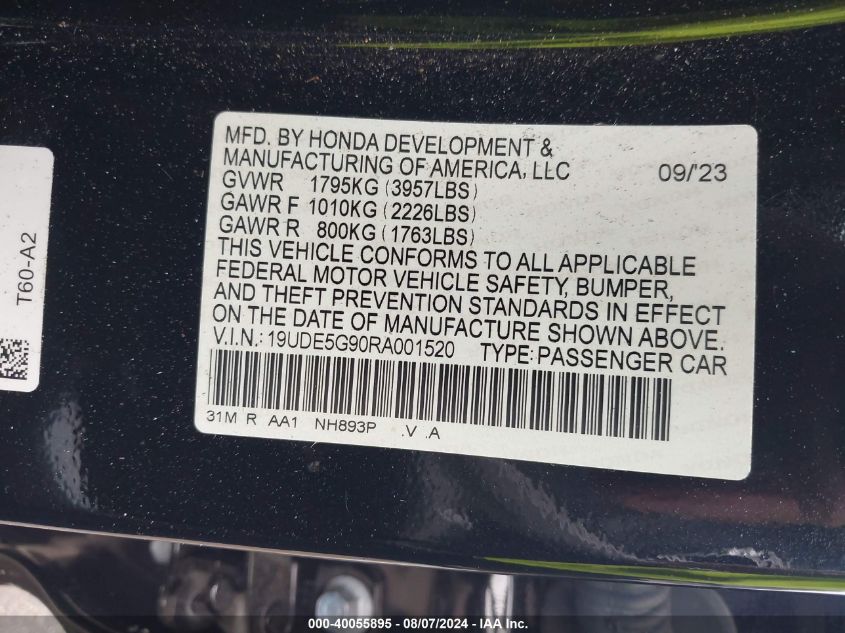 2024 Acura Integra Type S VIN: 19UDE5G90RA001520 Lot: 40055895