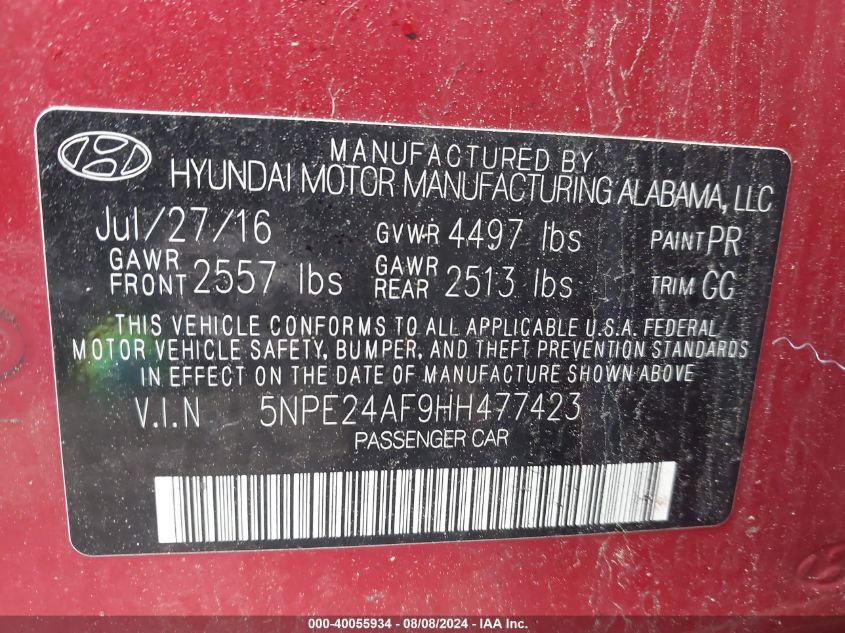 2017 Hyundai Sonata Se VIN: 5NPE24AF9HH477423 Lot: 40055934