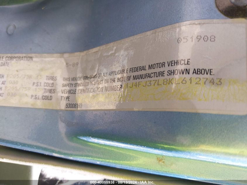 1989 Jeep Cherokee Pioneer VIN: 1J4FJ37L8KL612743 Lot: 40055938