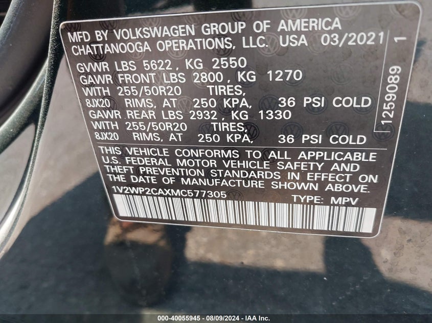 2021 Volkswagen Atlas 2.0T Se W/Technology VIN: 1V2WP2CAXMC577305 Lot: 40055945
