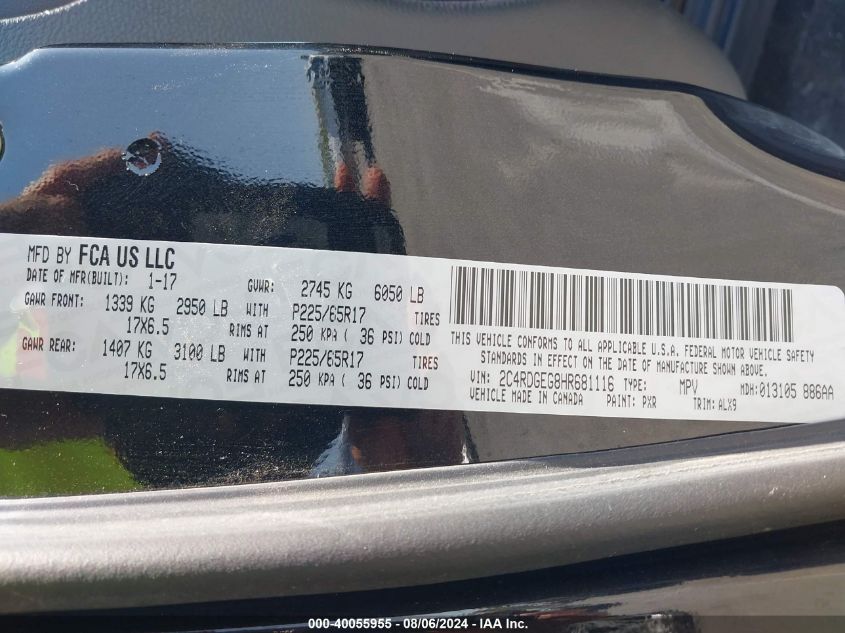 2017 Dodge Grand Caravan Gt VIN: 2C4RDGEG8HR681116 Lot: 40055955