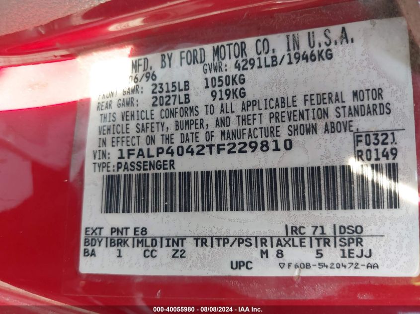 1996 Ford Mustang VIN: 1FALP4042TF229810 Lot: 40055980