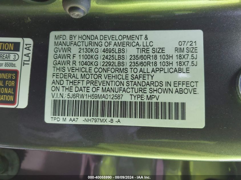 2021 Honda Cr-V Ex VIN: 5J6RW1H59MA012587 Lot: 40055990