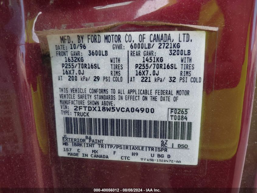 1997 Ford F150 VIN: HFTDX18W5VCA04900 Lot: 40056012