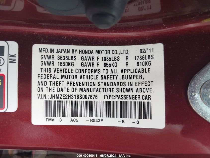 2011 Honda Insight VIN: JHMZE2H31BS007676 Lot: 40056016