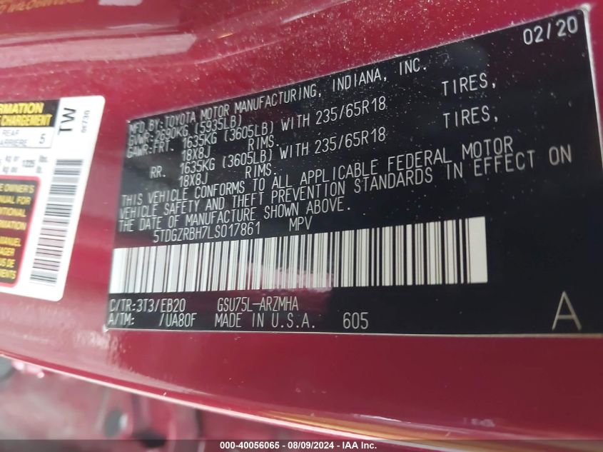 2020 Toyota Highlander Xle VIN: 5TDGZRBH7LS017861 Lot: 40056065