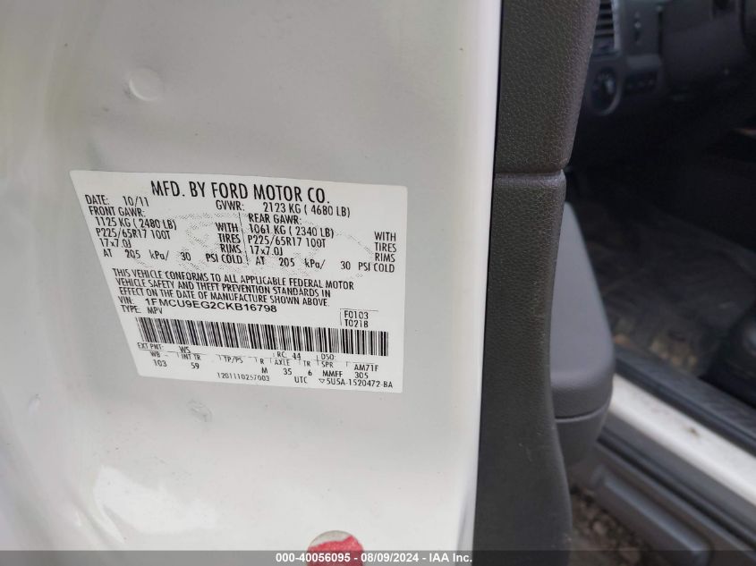 2012 Ford Escape Limited VIN: 1FMCU9EG2CKB16798 Lot: 40056095