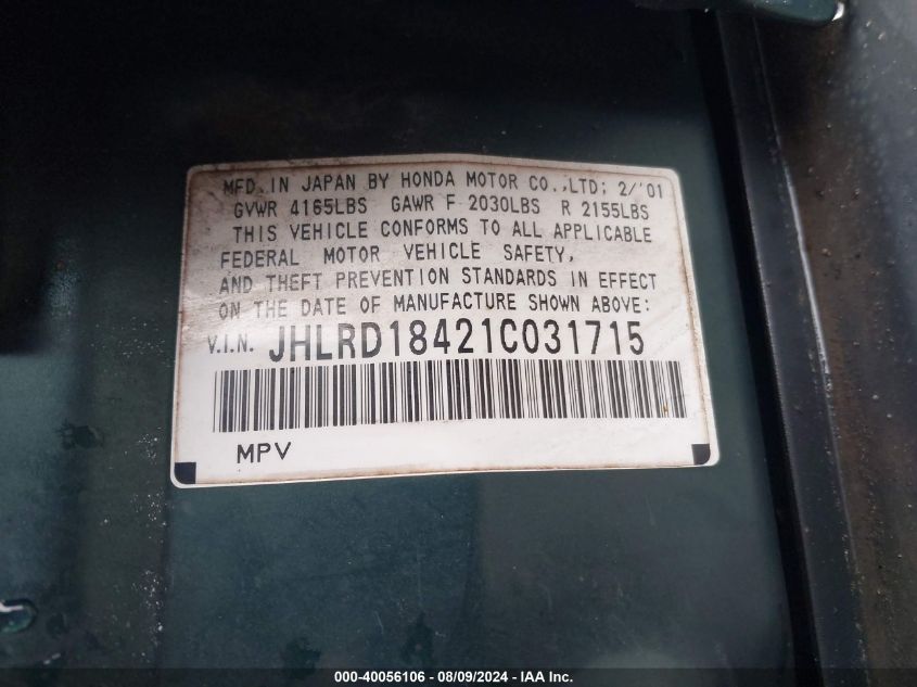 2001 Honda Cr-V Lx VIN: JHLRD18421C031715 Lot: 40056106