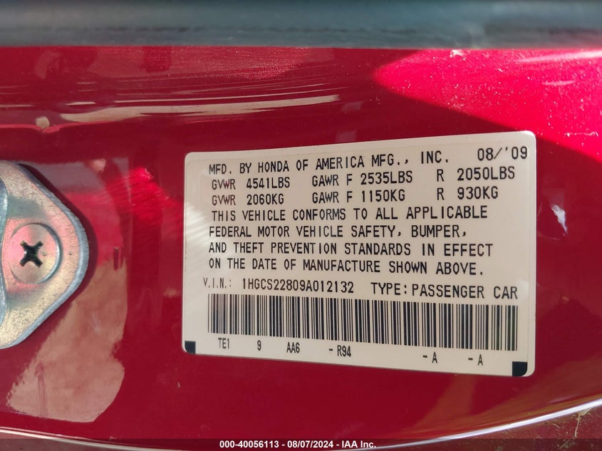 2009 Honda Accord 3.5 Ex-L VIN: 1HGCS22809A012132 Lot: 40056113