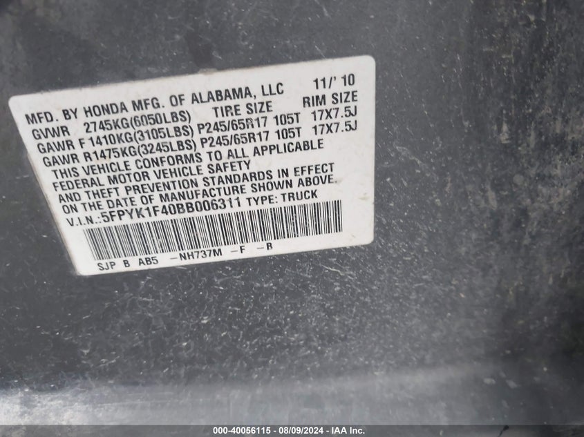 2011 Honda Ridgeline Rts VIN: 5FPYK1F40BB006311 Lot: 40056115