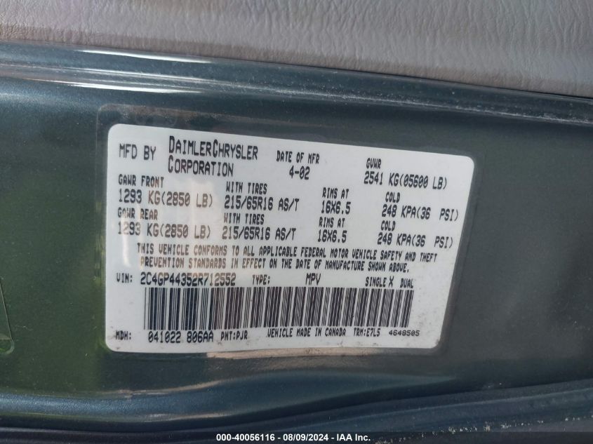 2002 Chrysler Town & Country Lx VIN: 2C4GP44352R712552 Lot: 40056116