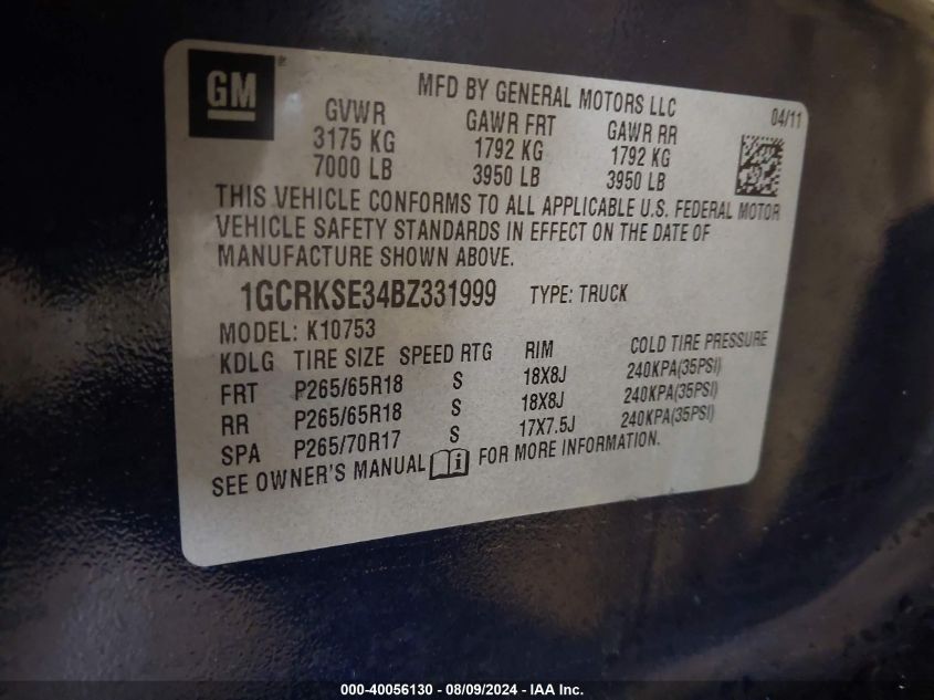 2011 Chevrolet Silverado 1500 Lt VIN: 1GCRKSE34BZ331999 Lot: 40056130