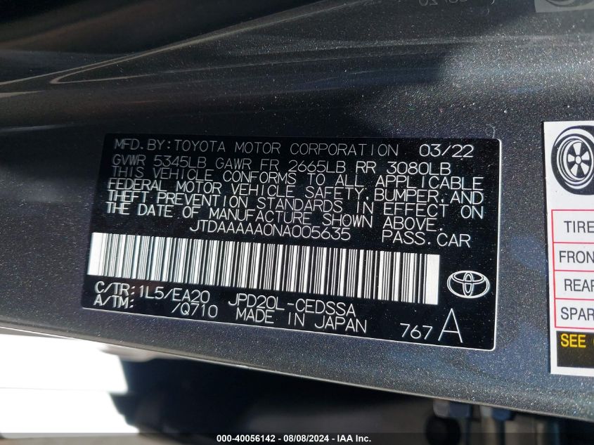 2022 Toyota Mirai Xle VIN: JTDAAAAA0NA005635 Lot: 40056142