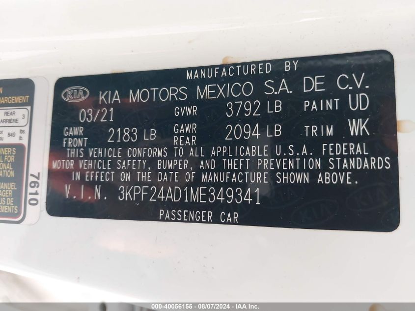 2021 Kia Forte Lxs VIN: 3KPF24AD1ME349341 Lot: 40056155