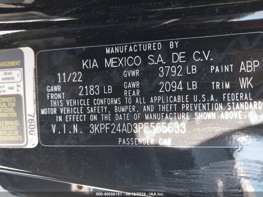 2023 Kia Forte Lx VIN: 3KPF24AD3PE565633 Lot: 40056181