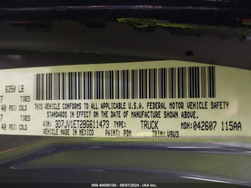 2011 Ram Ram 1500 St VIN: 3D7JV1ET2BG611473 Lot: 40056185